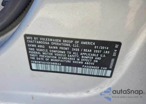 2014 Volkswagen Passat Sel z USA, uszkodzony, nr VIN 1VWCN7A31EC066544